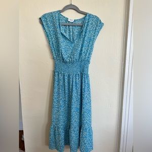 Blue floral midi dress.